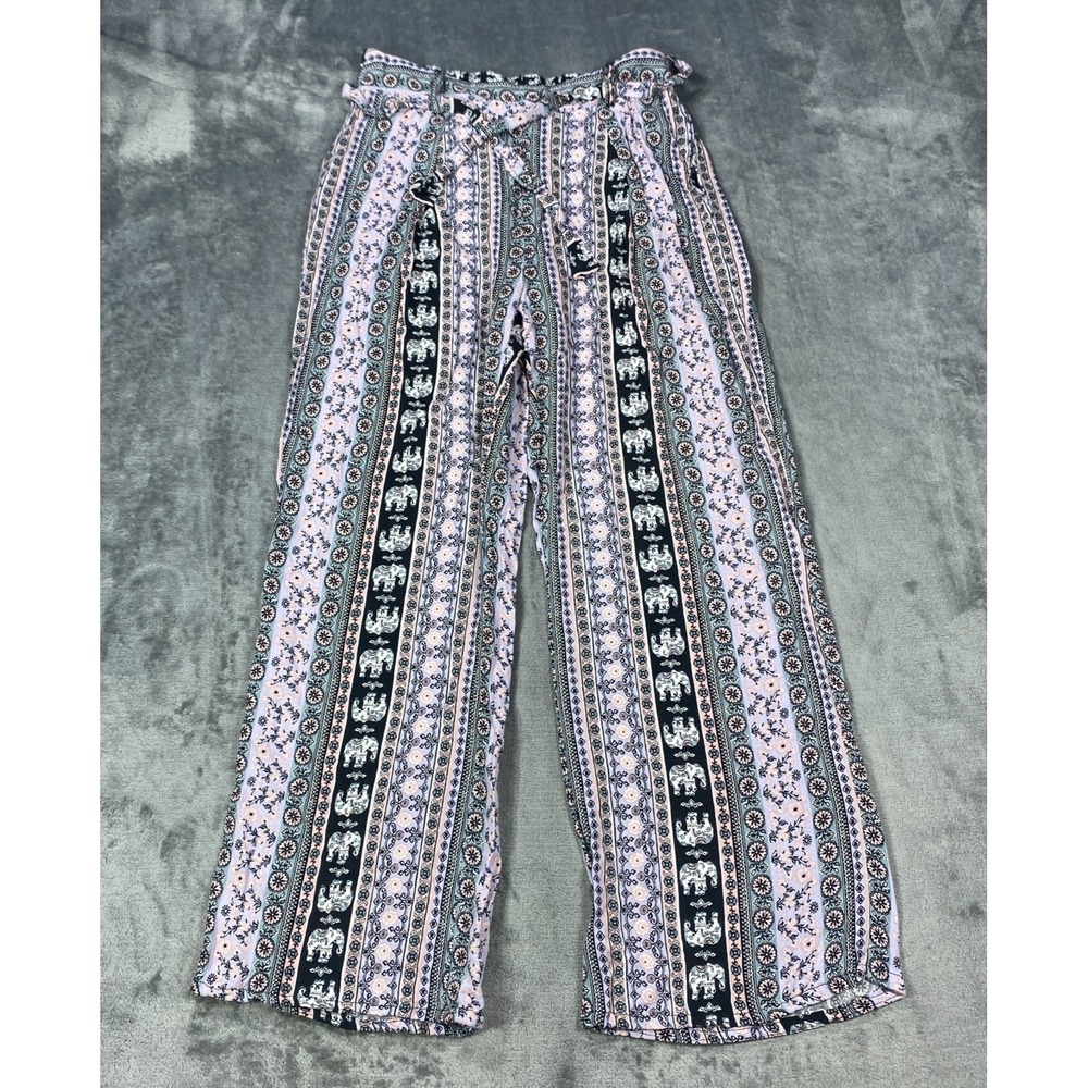 Bebop Womens Wide Leg Pants Womens XS Purple Boho Floral Elephant Print Stripes